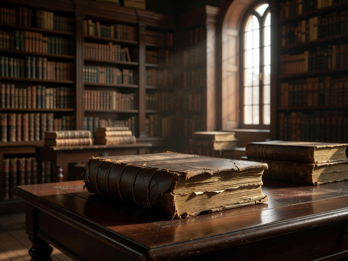 Ancient leather book on library table