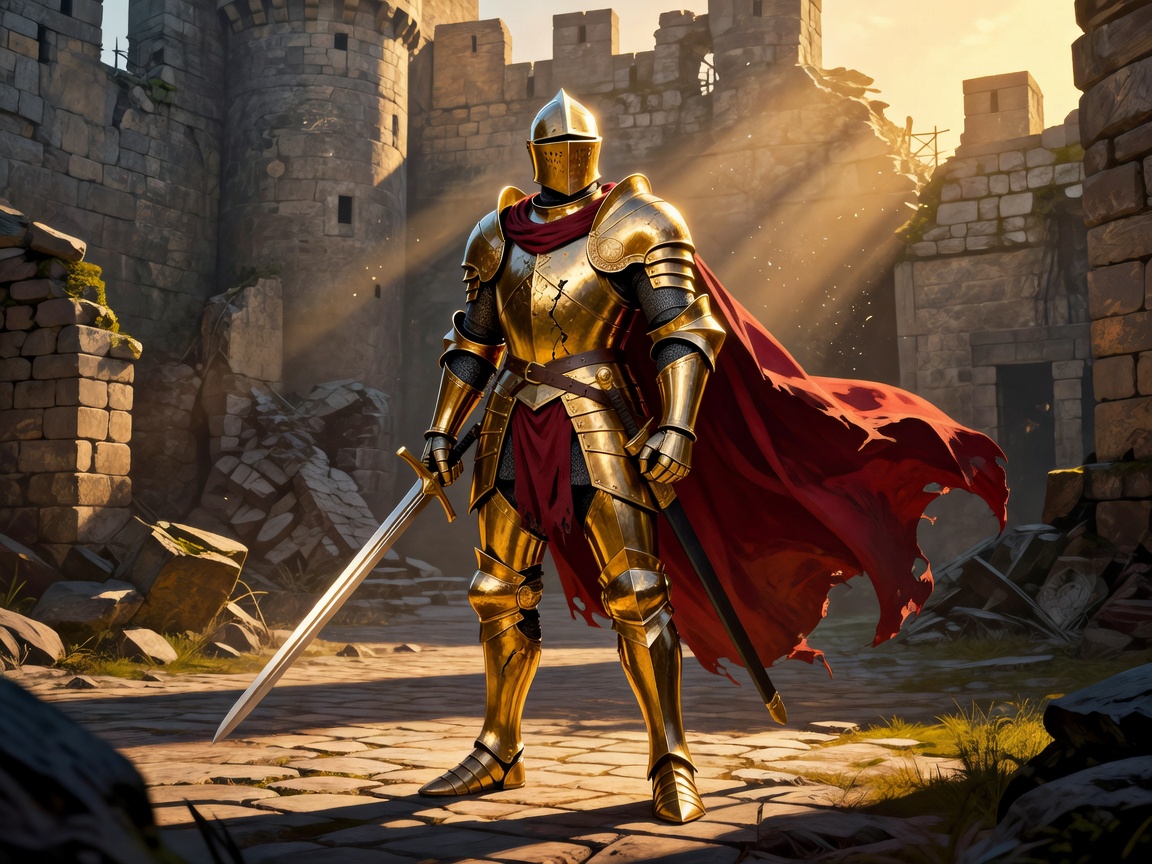 Cinematic representation of the majestic golden knight character in armor