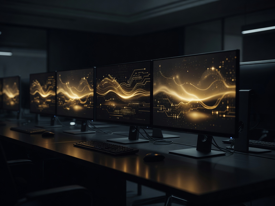 Dark computer displays reflecting warm gold graphics