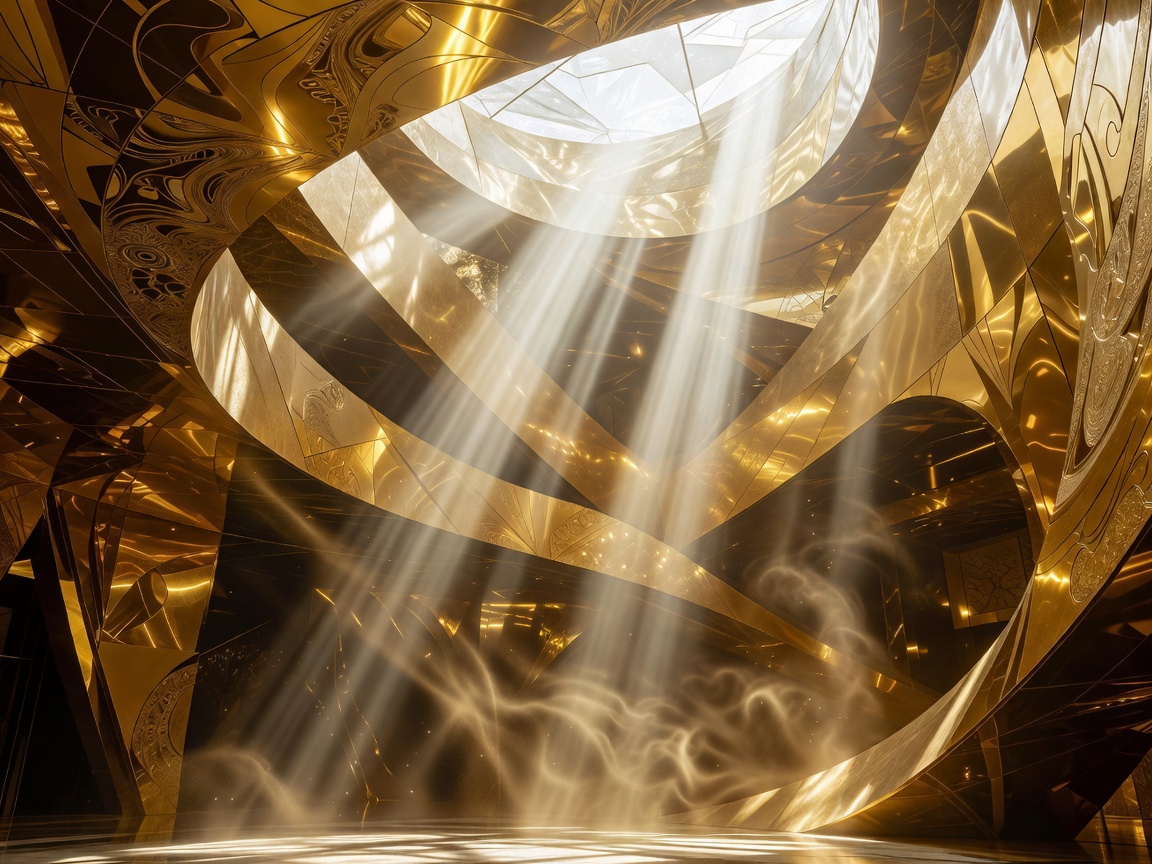 Enchanted golden castle hall layout bathed in celestial light rays