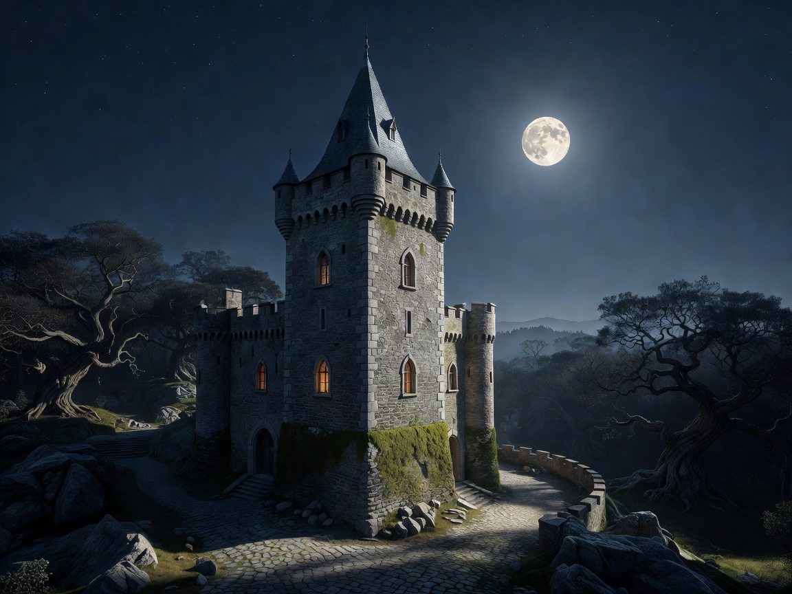 Majestic medieval castle spire shimmering under the silver moonlight