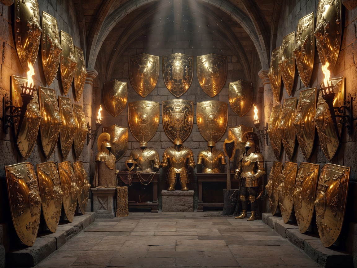 Reflective golden armor shields in royal treasury
